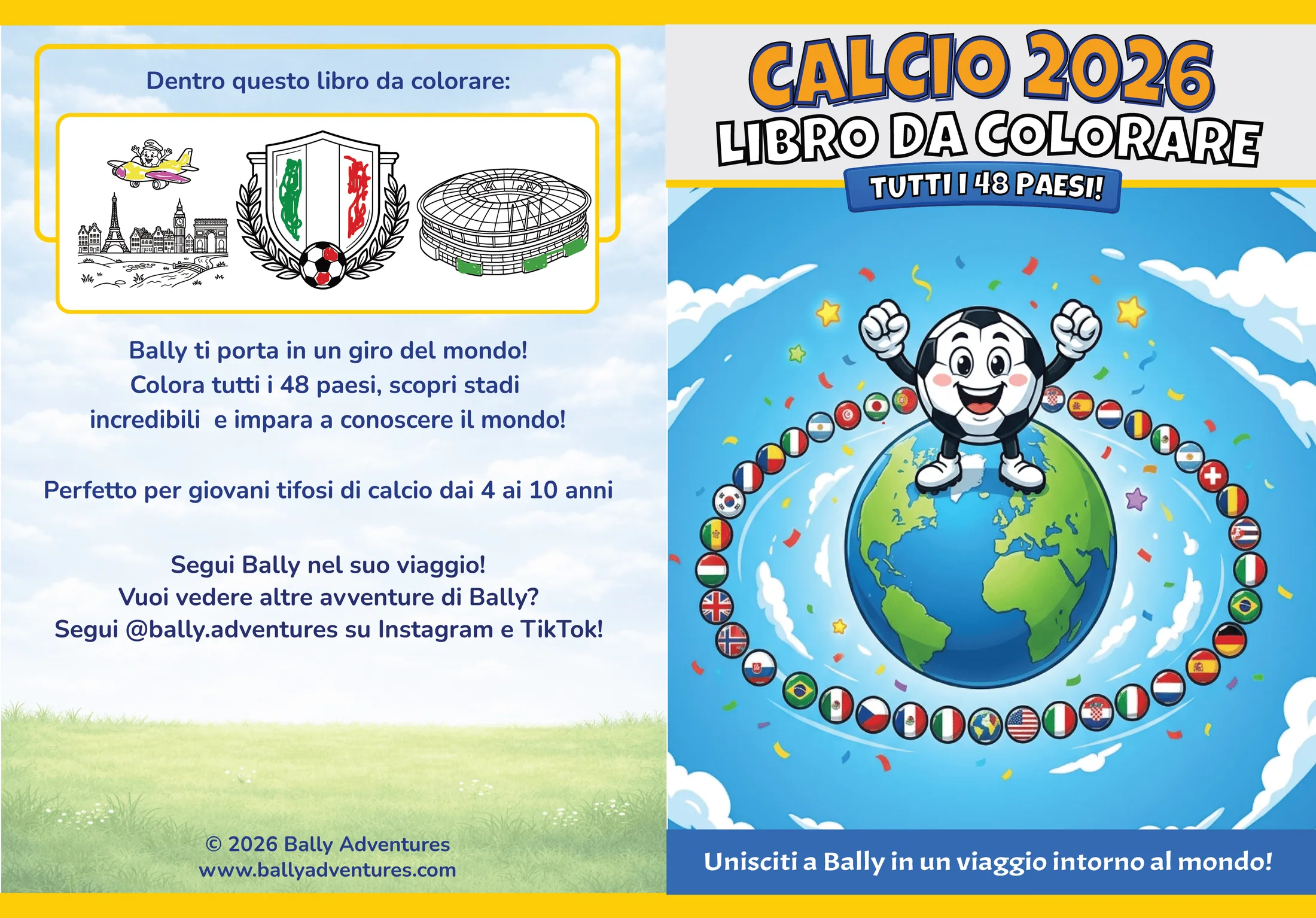 Copertina Calcio 2026 libro da colorare con la mascotte Bally