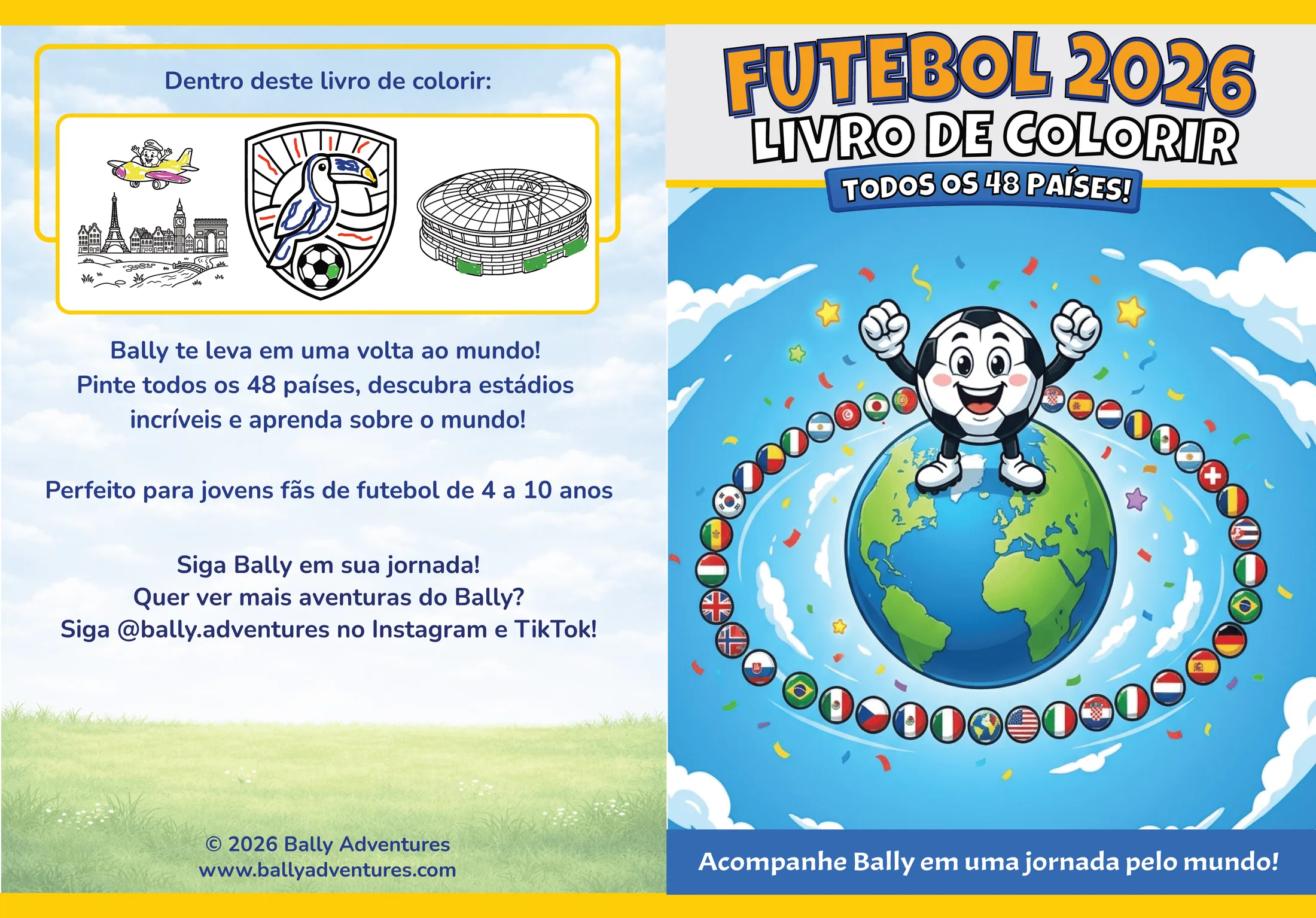 Livro de colorir Copa do Mundo 2026 com o mascote Bally