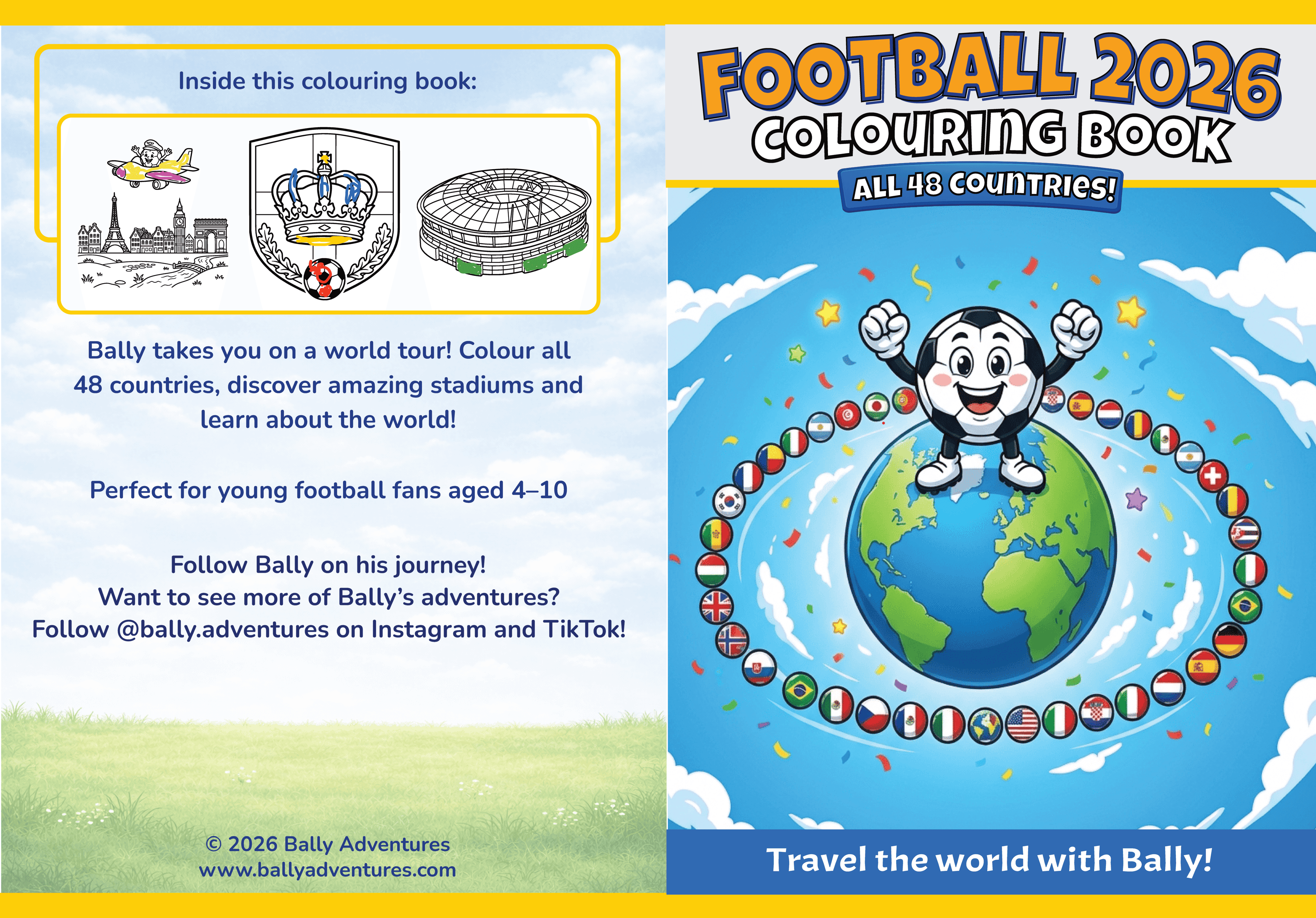 Football 2026 colouring book cover with Bally mascot