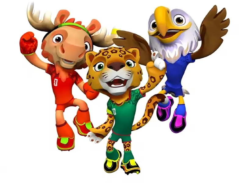 Illustration présentant les trois mascottes de la Coupe du Monde FIFA 2026 — Maple l'orignal, Zayu le jaguar et Clutch le pygargue — pour les enfants
