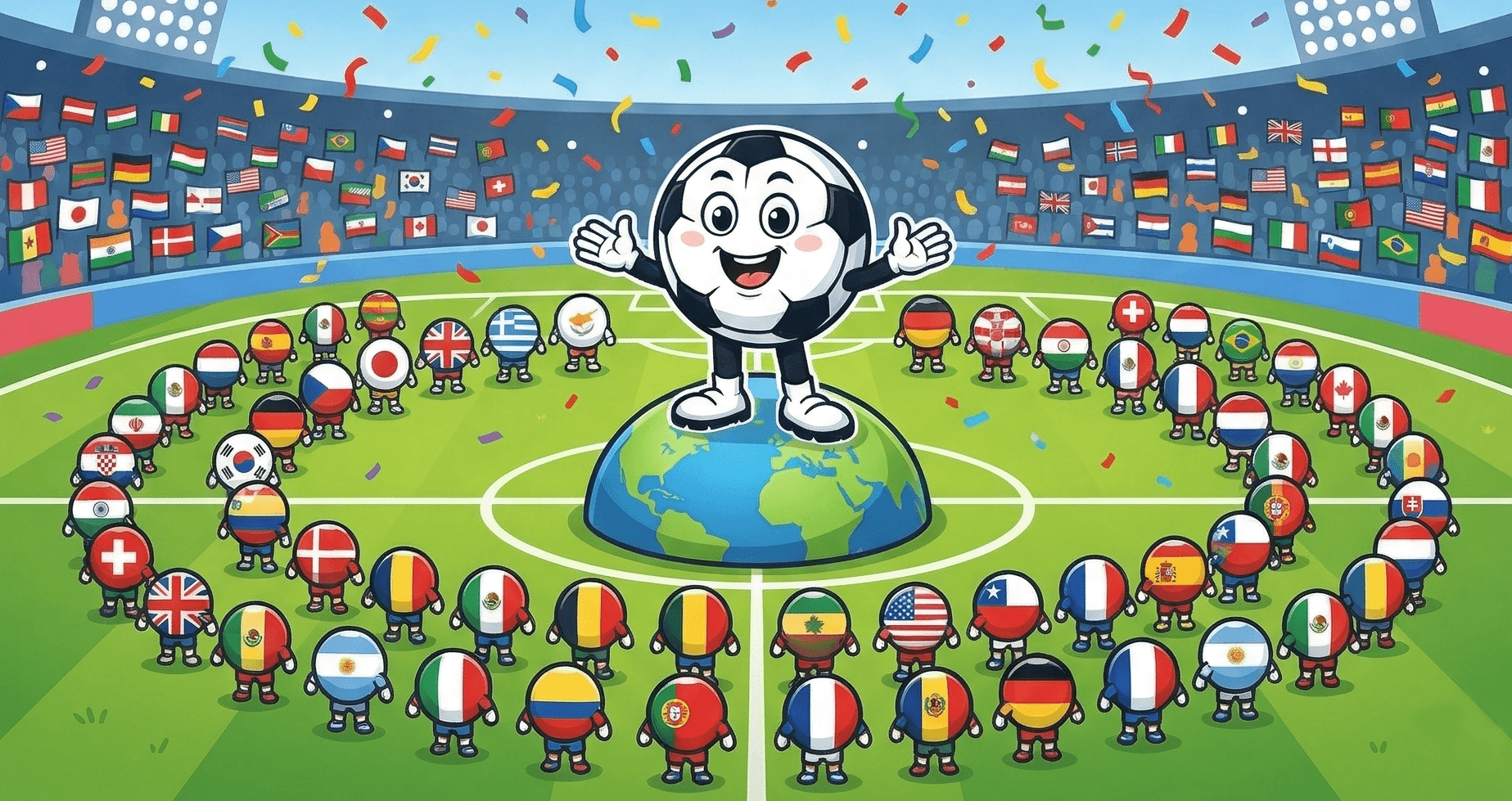 Illustration d'un grand stade de football avec supporters et drapeaux, en introduction aux 16 stades hôtes de la Coupe du Monde 2026 pour les enfants