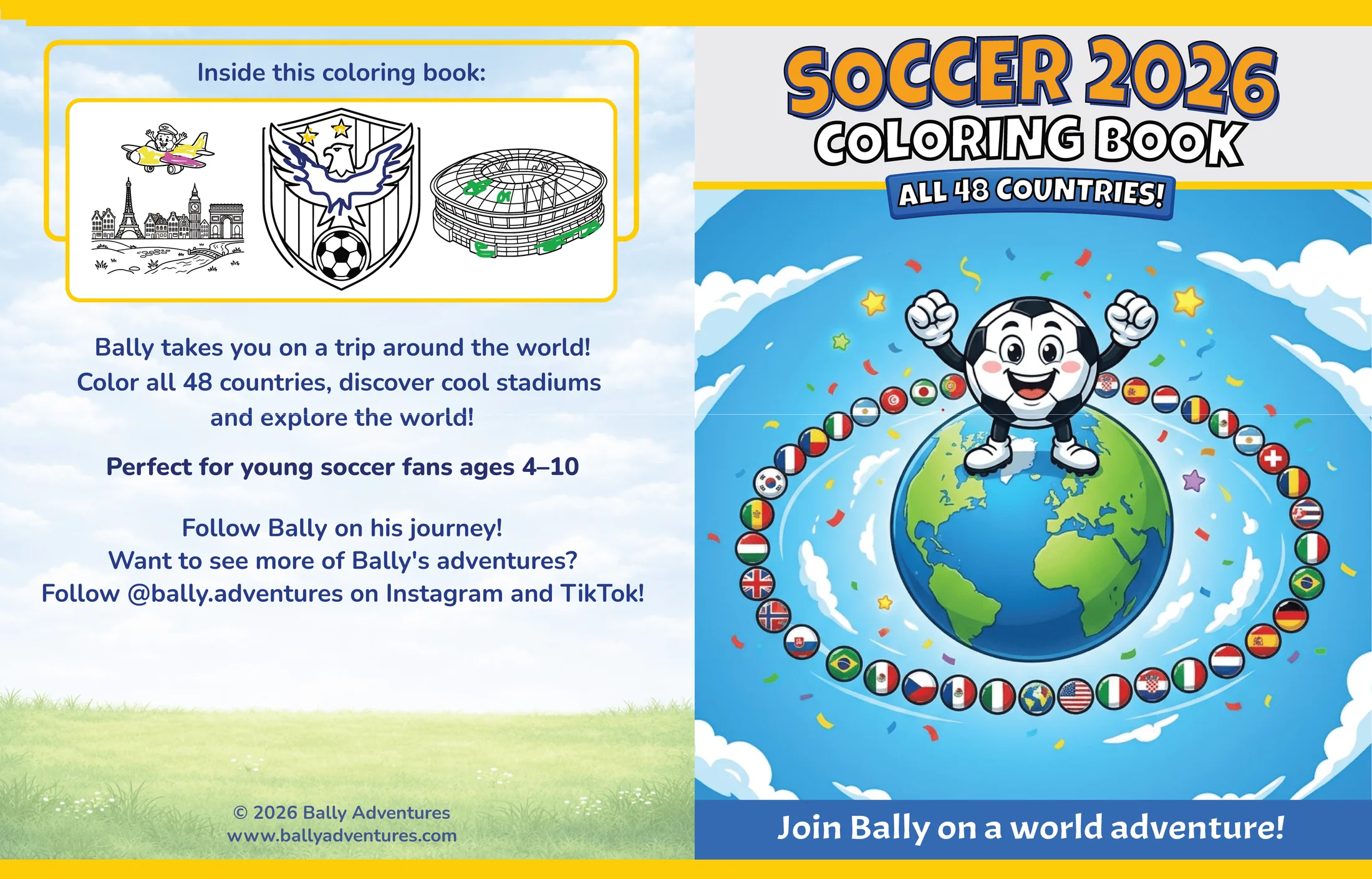 Front cover — Soccer 2026 coloring book cover with Bally mascot